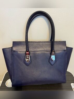 Henri Bendel Navy Blue Leather Satchel Tote Bag Silver Hardware